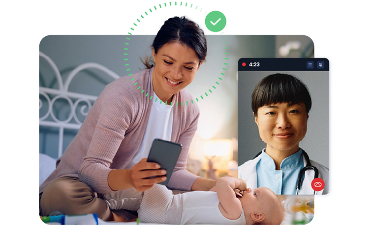 Usuaria de una app de Facephi consulta con el pediatra el estado de su bebé a través de un dispositivo móvil