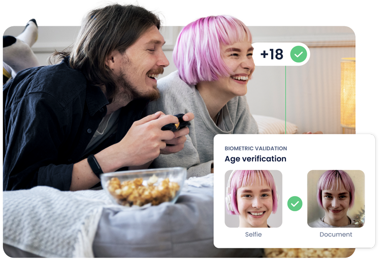 Young people playing console and detail of age verification screen