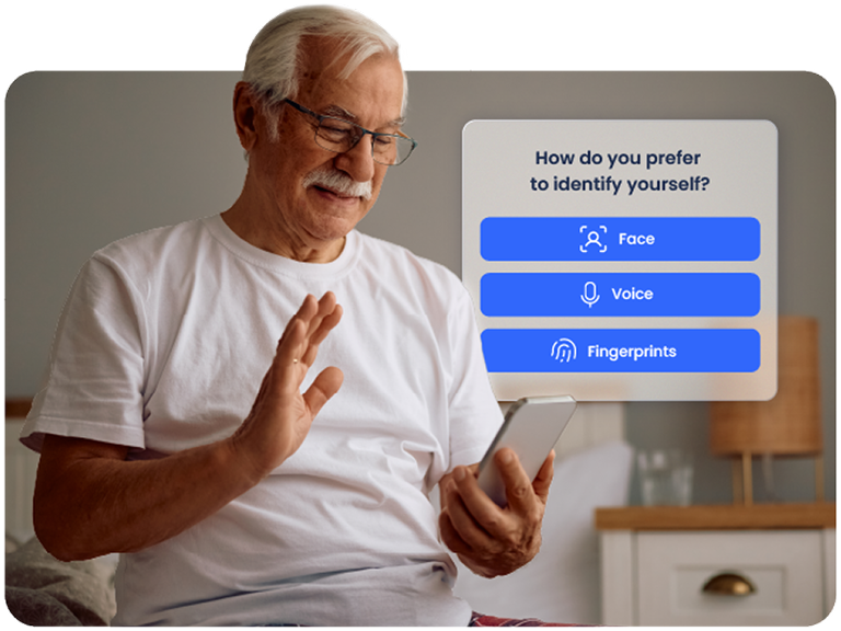 Senior user interacting with his mobile device that asks him the method by which he wants to identify himself: Face, Voice or Fingerprints.