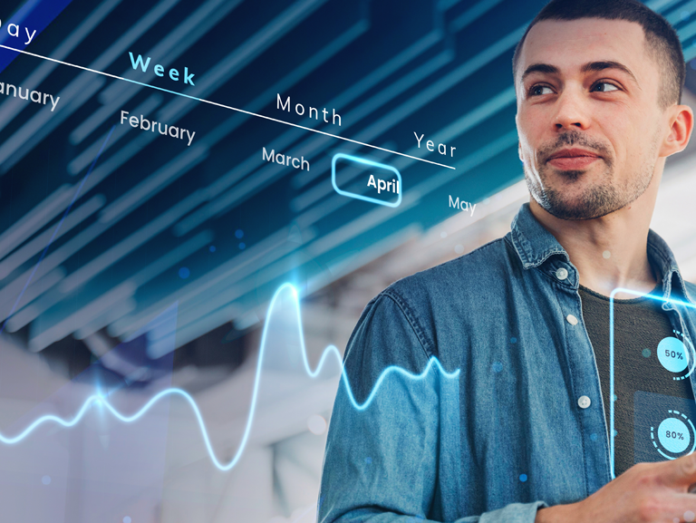 Hombre joven en primer plano. Una serie de datos en una pantalla se superponen