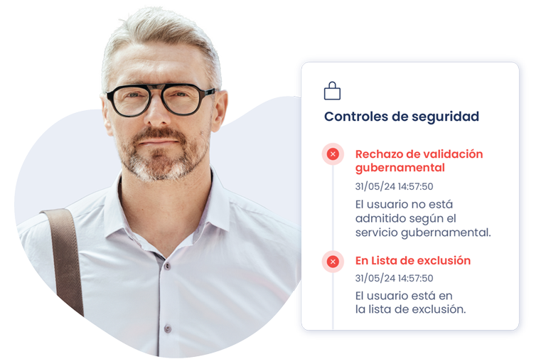 Controles de seguridad a un usuario con AML Screening. El usuario no a superado el control