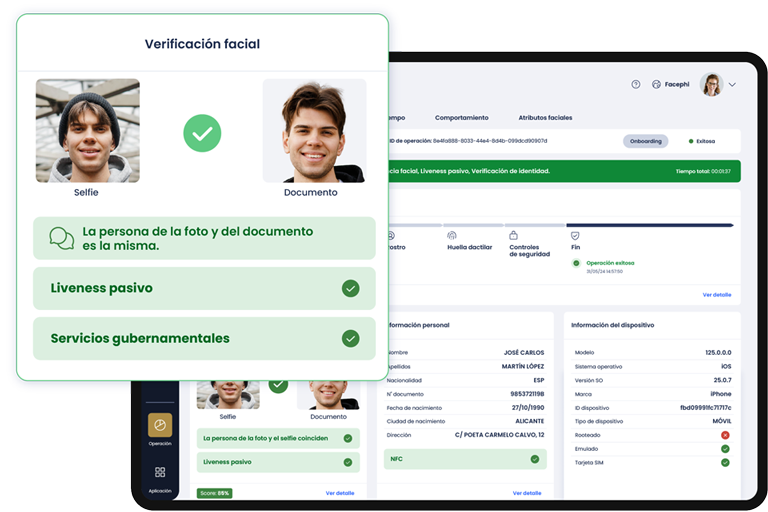 Tablet con la aplicación de Facephi y destacado por encima mostrando una operación exitosa de reconocimiento facial