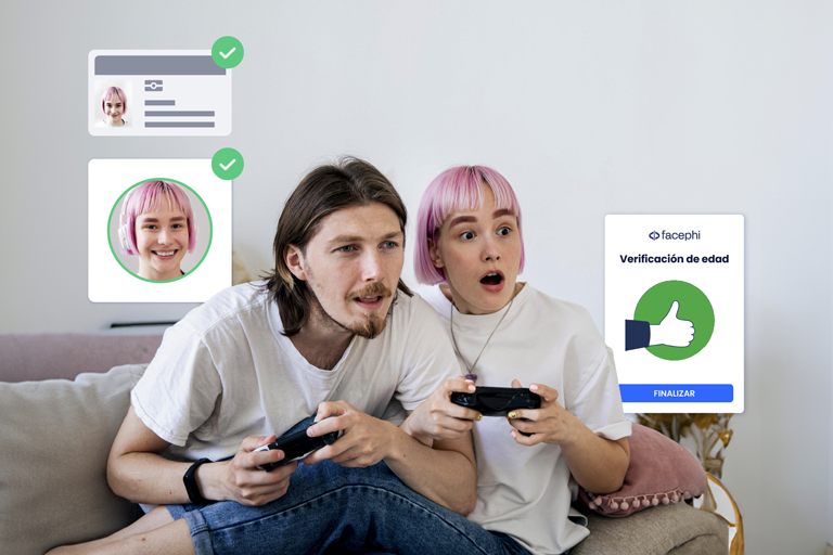 Dos jóvenes jugando a la consola y varias pantallas superpuestas que muestran que la usuaria más joven ha superado la verificación de edad