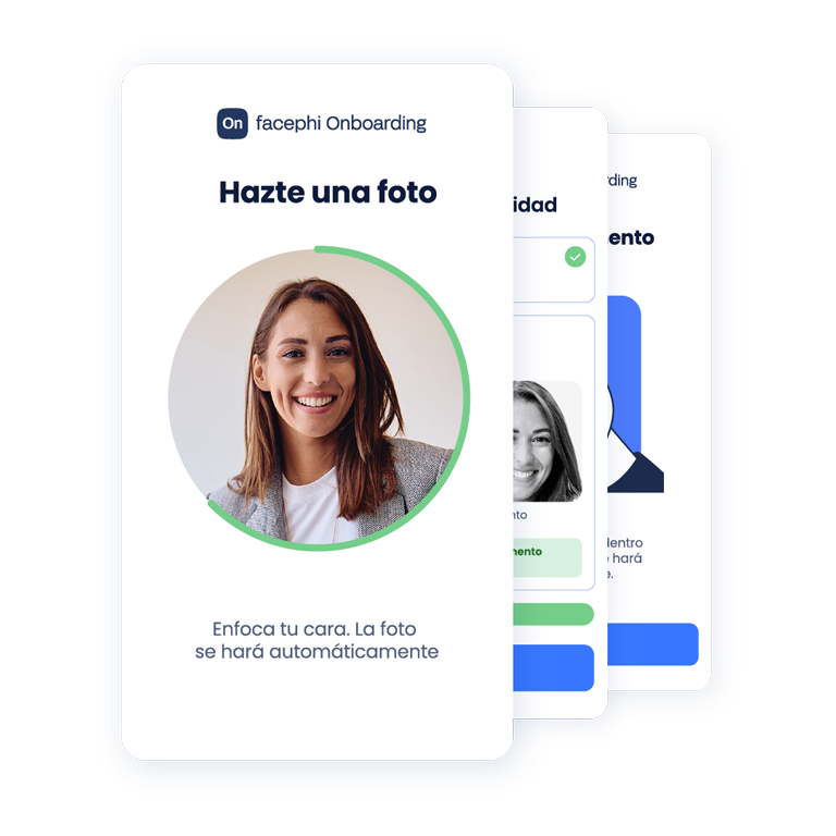 Tres tarjetas superpuestas que ilustran el proceso de verificación de identidad. En la principal vemos el segundo paso, hacerse una foto