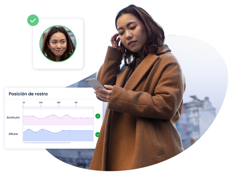 Usuaria observando el móvil. Una gráfica muestra el proceso de verificación facial